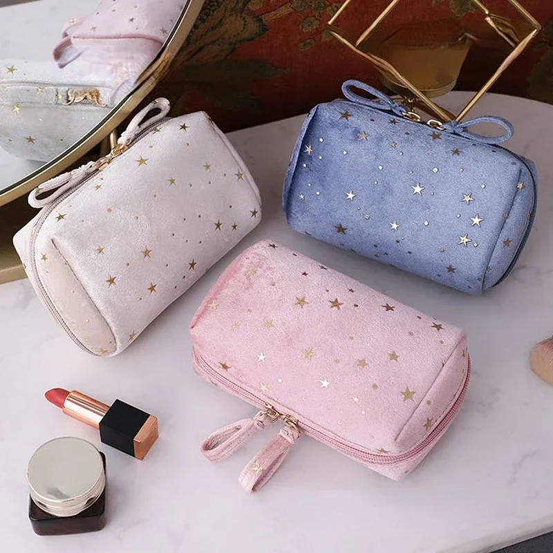 Women Star Decoration Cosmetic Bag Soft Velvet Make Up Storage Bag Travel Makeup Toiletry Package Bag Organizer Pouch Case