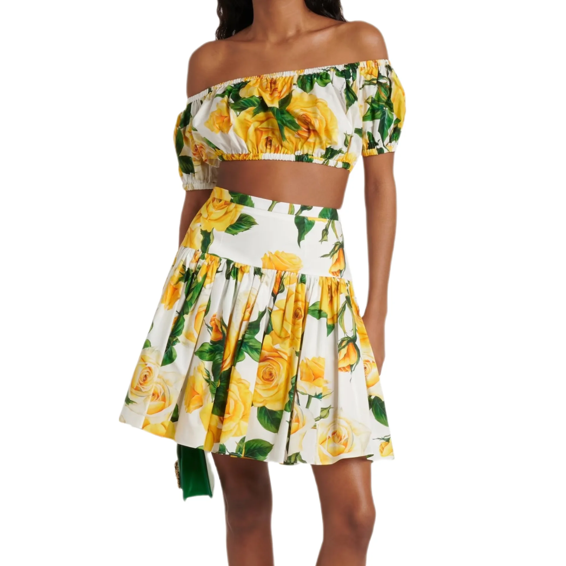 

2025 Summer Women’s Yellow Floral Pleated Cotton Off-Shoulder Crop Top & Mini Skirt Set, Luxury Beach Vacation Outfit