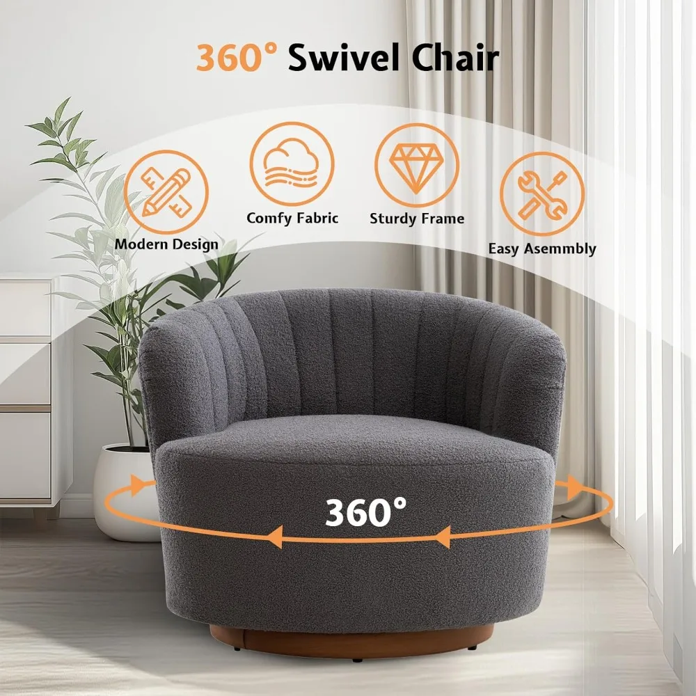 Modern Swivel Accent Barrel Chair, Comfy 360° Round Living Room Bedroom Chairs, Upholstered Vanity Reading Armchair, Velvet Gray