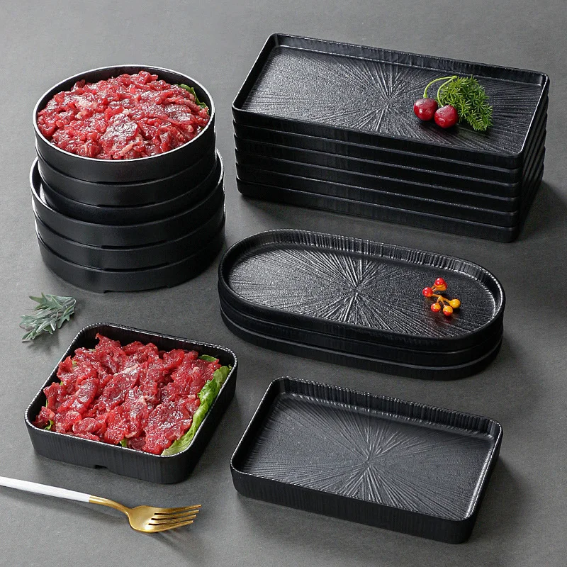 Melamine Black Dinner Plate Thickened Sushi Pans Imitation Porcelain Barbecue Dishes Home Food Serving Tray Household Tableware