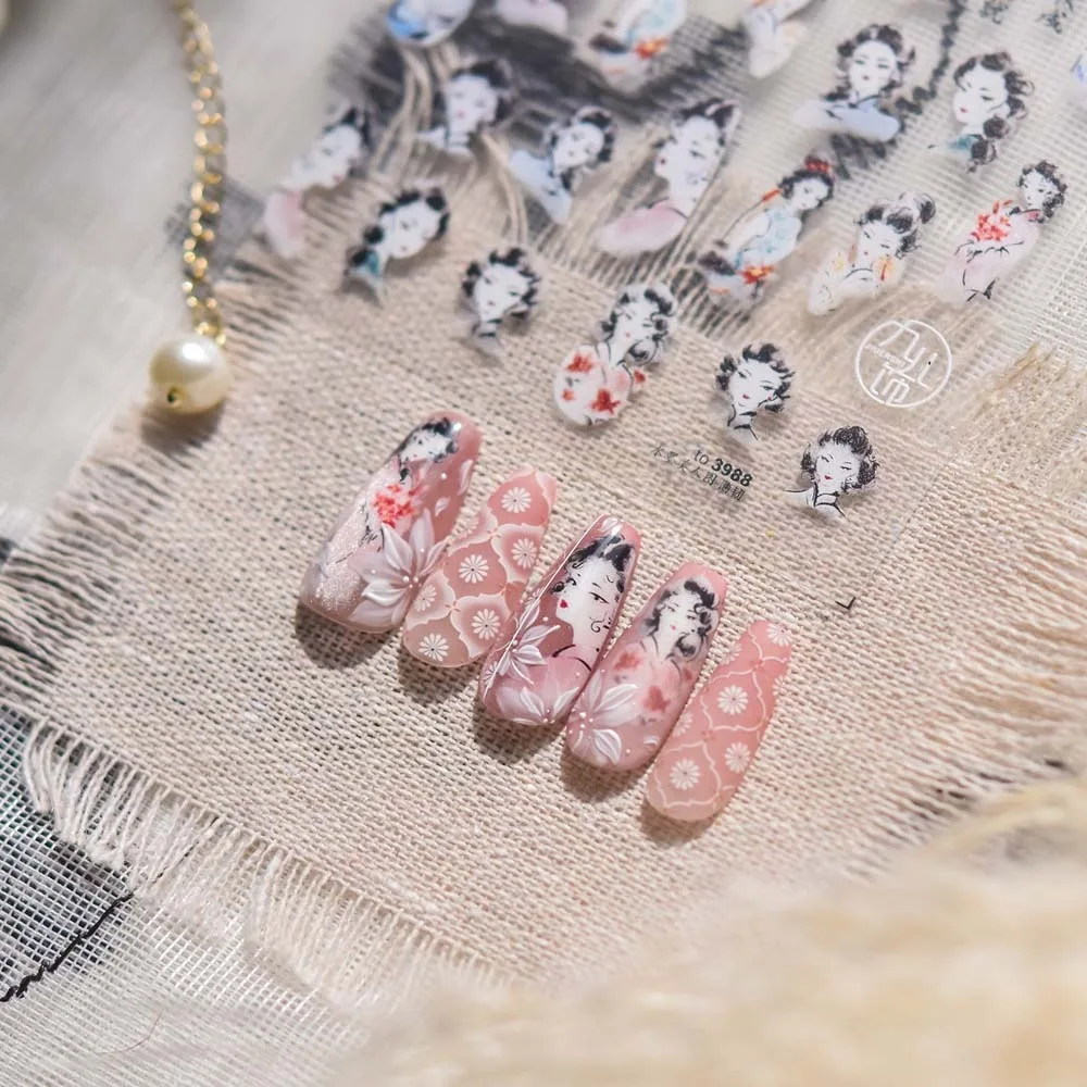 Nagelaccessoires Chinees Nieuwjaar Nagelsticker Pioenbloem 3D Parel Boog Nieuwjaar Slang Nagelsticker Chinees Karakter