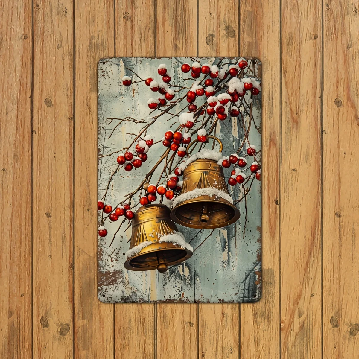 Vintage Christmas Bells Metal Wall Art Sign - Rustic Holiday Decor with Snowy Bells & Red Berries, Durable Iron , Easy Hang Pre