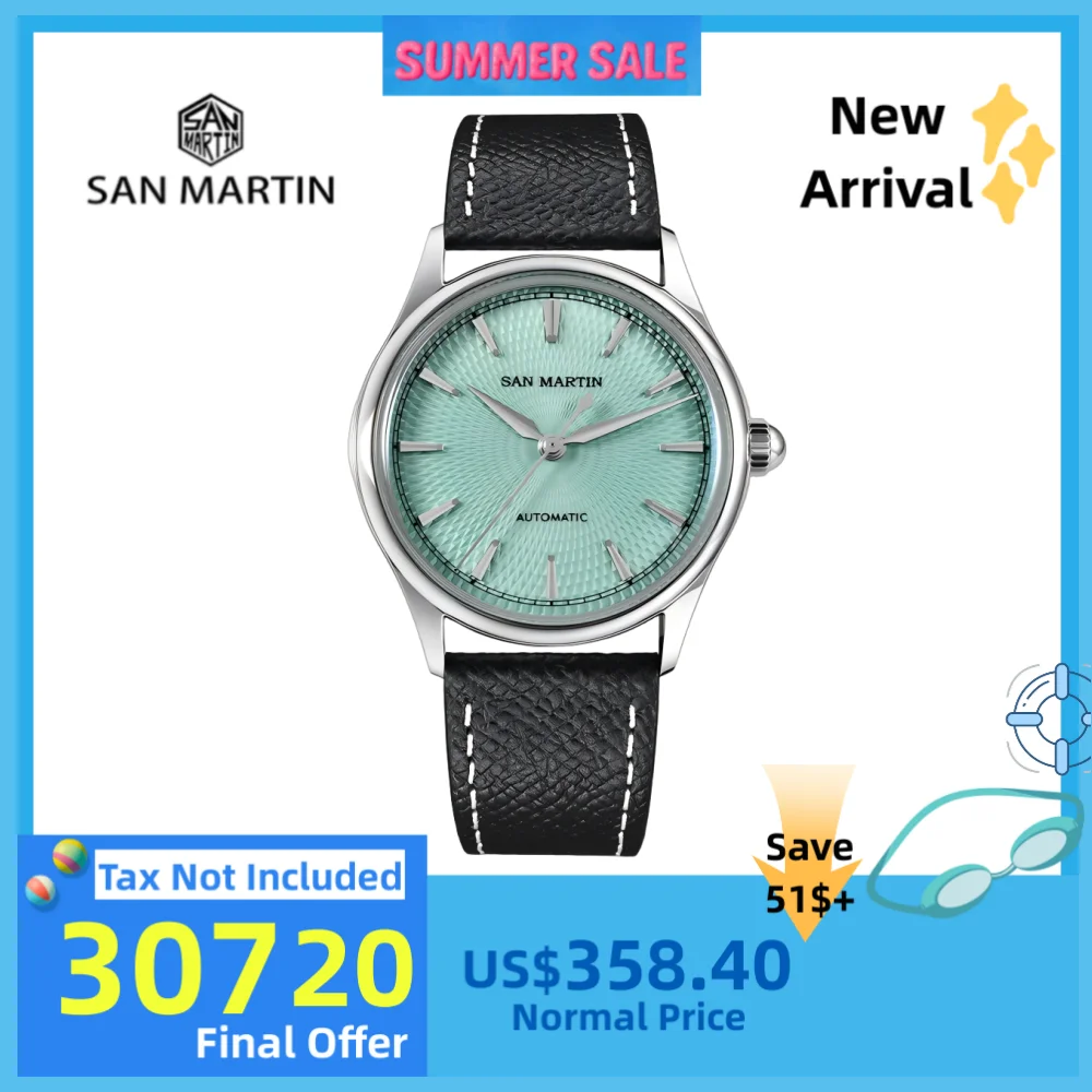 San Martin 37 мм Seagull ST1812 Часы с автоподзаводом и эмалью под давлением масла для мужчин Платье Корпус из сапфирового стекла Задняя панель SN0100A-1