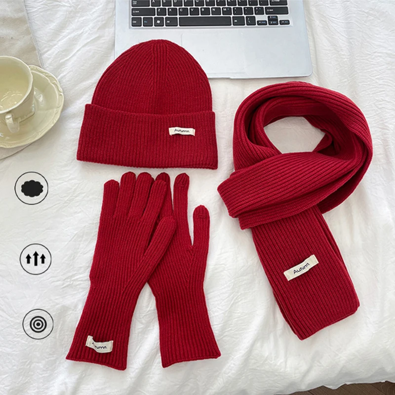 

3Pcs Winter Knitted Hat for Women Scarf Gloves Set Burgundy Comfortable Soft Casual Warm Hat Set Outdoor Windproof Riding Set