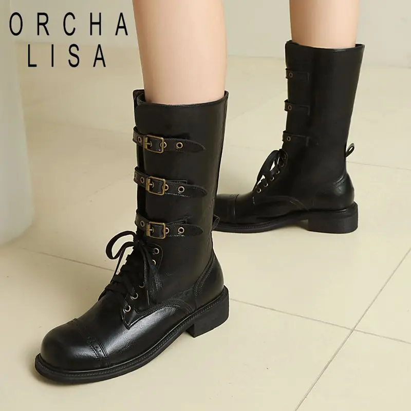 

ORCHA LISA 2025 Design Women Mid Calf Boots Round Toe 3.5cm Block Heel Lace Up Belt Buckles Oversize Size 42 43 Fall Winter Bota