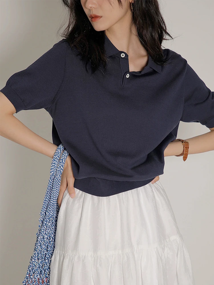 

Deep Blue ort Sve Knitwear for Women Faionable Summer Design Turn-down Collar Casual Sle Vintage Loose Fit