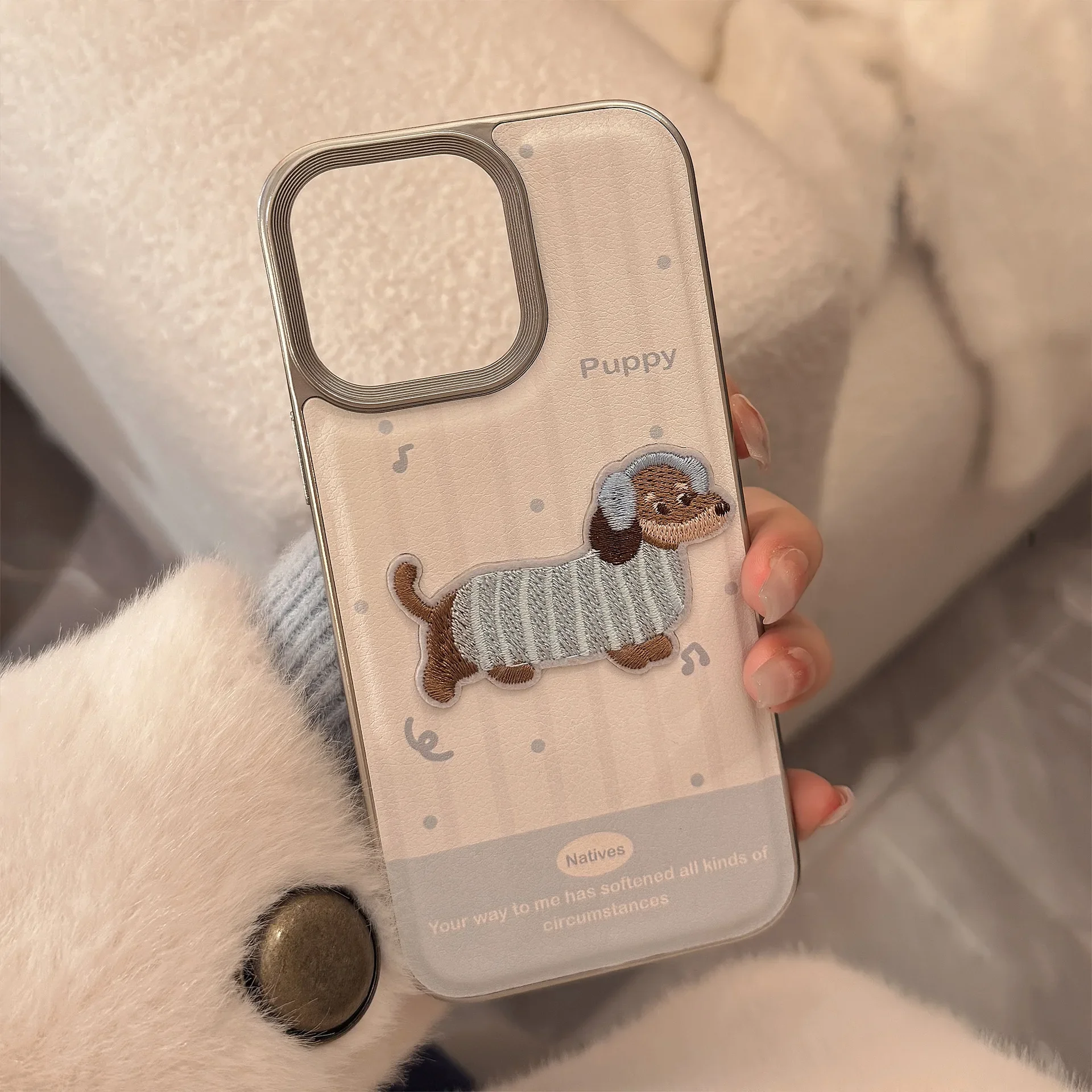 Koreanische Cartoon-Stickerei Welpen-Leder-Textur Handyhüllen für iPhone 17 16 15 13 14 12 11 Pro Max Stoßfeste Schutzhülle