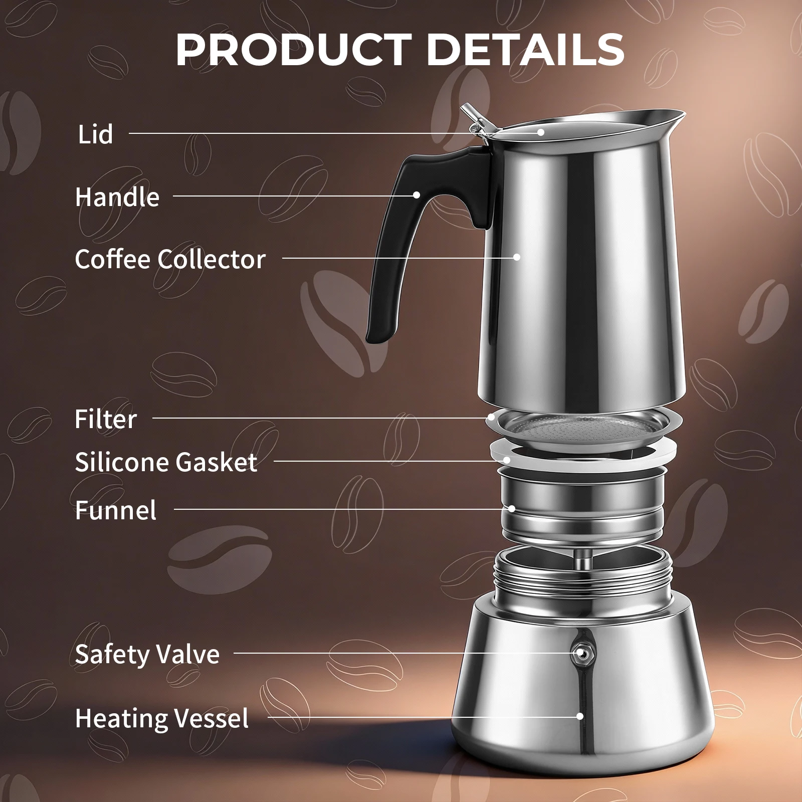 Factory Direct 2026 6/9-Cup Coffee Pot Stainless Steel Moka Pot Italian Coffee Maker 300/450ML Espresso Maker for Gas