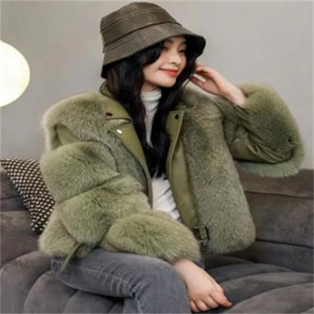 Faux Fox Fur Coats for Women Motorcycle Overcoat PU Leather Turn Down Collar Warm Jackets Warm Outwear Luxury Female Winter 2024