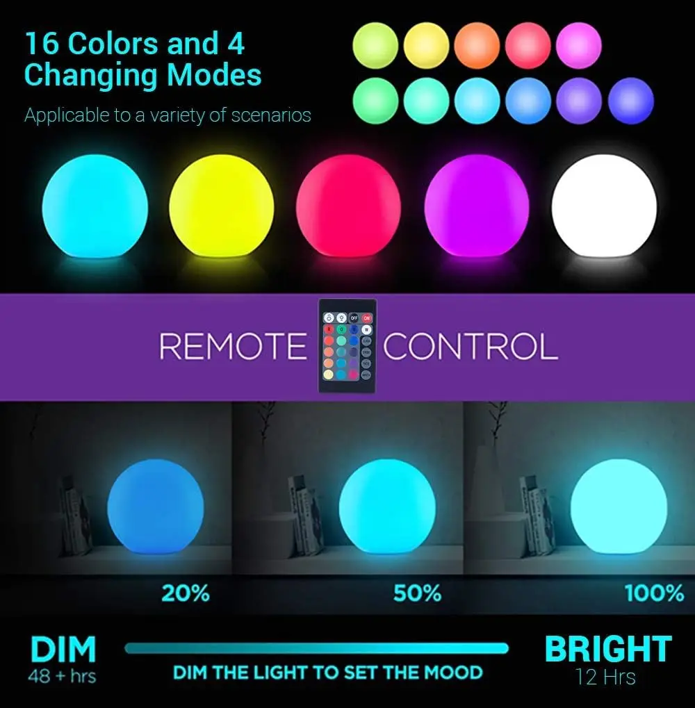 Loftek 20-Inch Led Large Dimmable Light Ball: Rgb 16 Color Changing Glow Ball With Remote Control, Waterproof Floating Pool