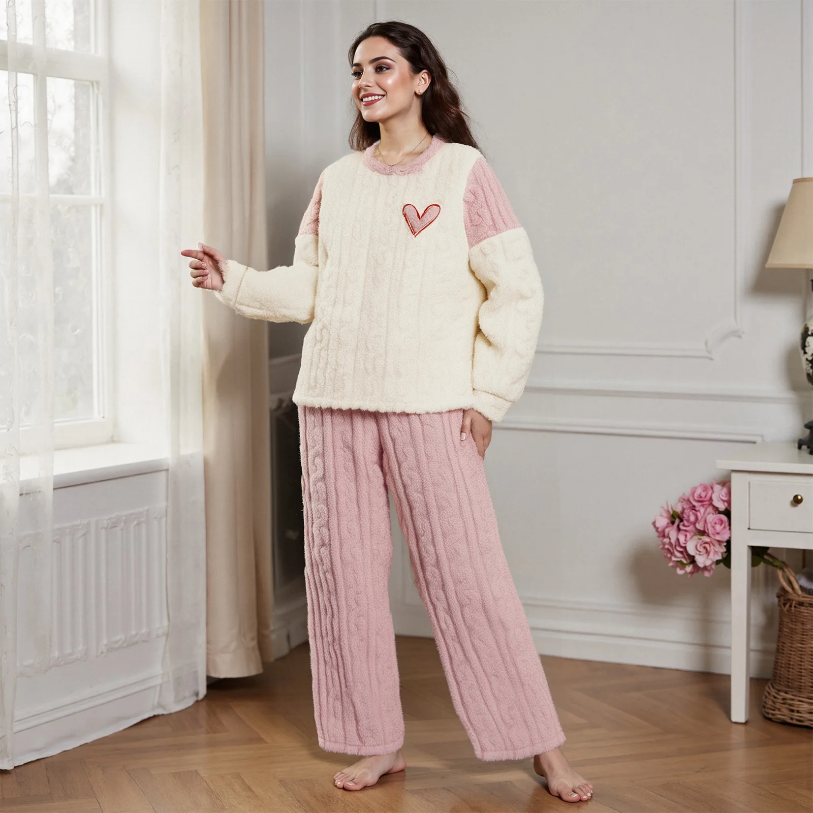 

Women's 2 Pieces Valentine's Day Lounge Set Long Sleeve O Neck Heart Embroidery Jacquard Tops Pants Winter Fuzzy Sleepwear