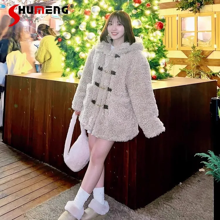 2025 Winter New Women's Faux Fur Jackets Japanese Style Ladies Thickened Plush Hooded Coat Female Daily Loose Casual Fur Jacket