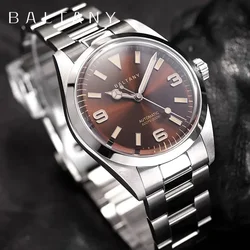 Baltany Vintage Explorer Homage Men's Automatic Mechanical Watches S4035 Stainless Steel Bracelet Red Enamel Sunburst Dial Watch