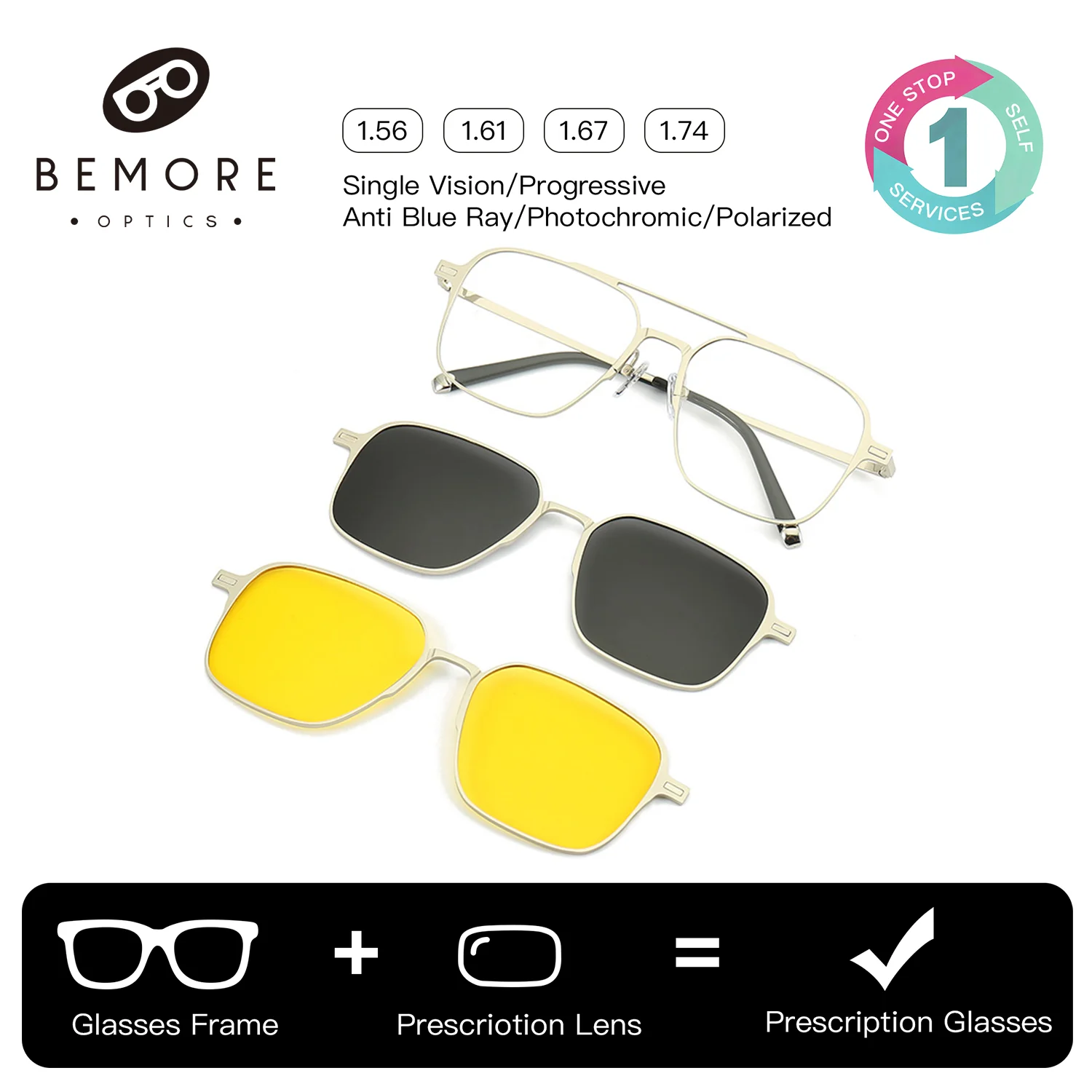 

BEMORE Man Clip on Sunglasses Pilot Metal Alloy Reading Glasses Blue Light Filter Photochromic Grey Optical Eyeglasses