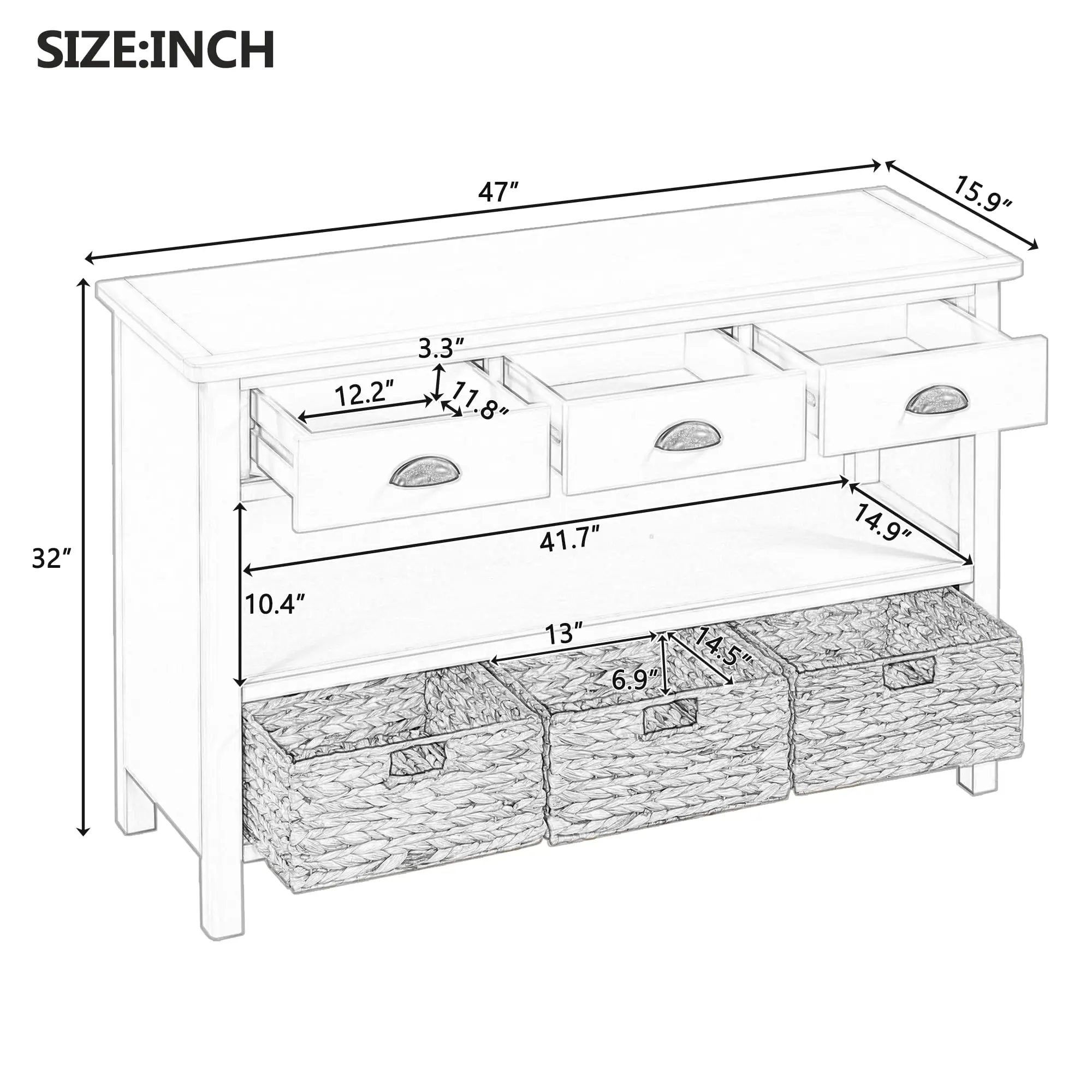 Vintage Console Table with 3 Drawers, Sofa Tables with Double Bottom Open Shelves and Water Hyacinth Woven Baskets, for