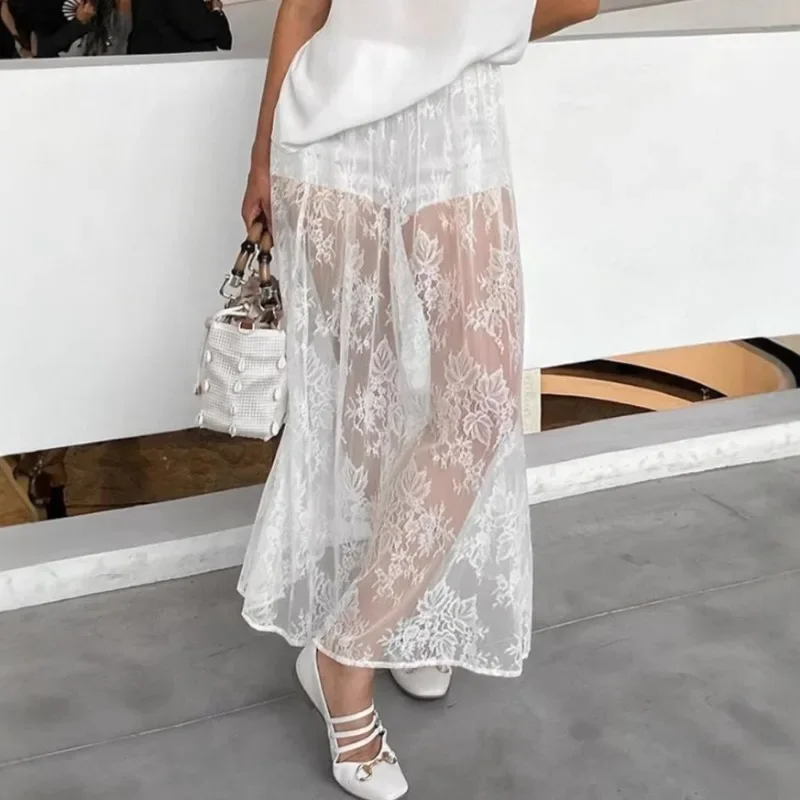 

Pop Lace See-through Skirt Women's White Floral High Waist Patchwork Skirt Lady Summer Sexy Party Elegant A-Line Long Skirt