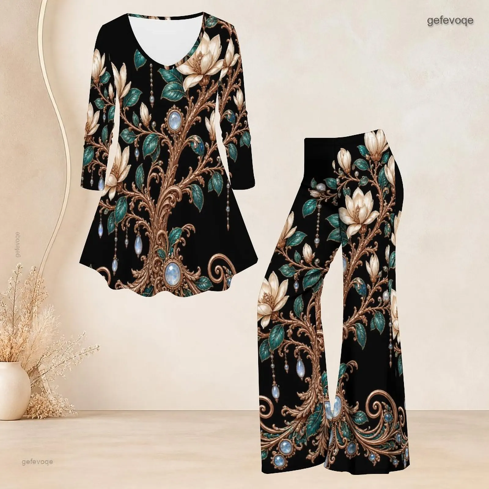 Women Pants Set with Print Round Neck Three Quarter Sleeve Flared Top Flared Pants Two Piece