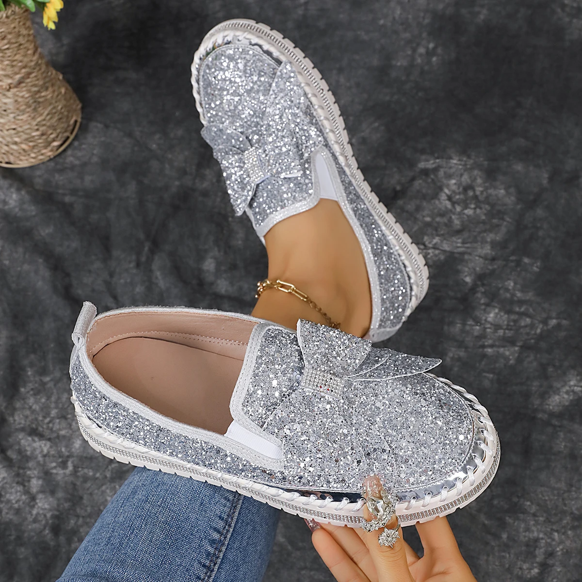 Luxury Designer Shoes Ladies Flat Sequined Sneakers Casual Women\'s Mesh Lace-up Fine Diamond Sequins Platform Vulcanized Shoes