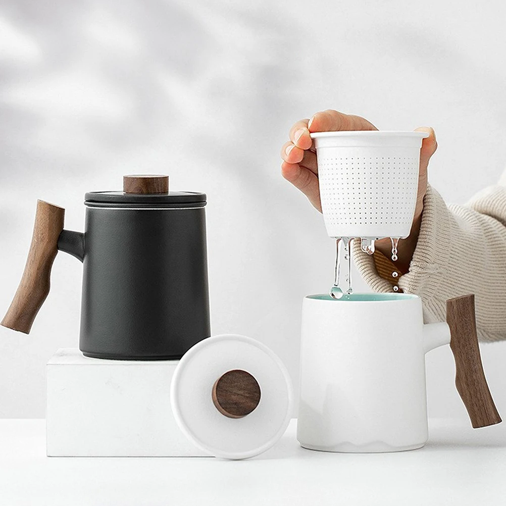 

Premium 360ml White Ceramic Tea Coffee Wooden Handle Built in Filter Large Capacity Household Drinking Mug for Men Gift for Home