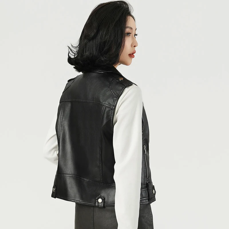 Fashion Suit Collar PU Leather Vest New Versatile Spot Delivery European American Zipper Design Style Women's Turn-down Jacket