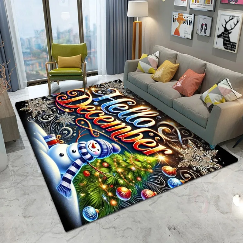 

Hello December Snowman Christmas Tree Pattern Carpet for Living Room Bedroom Home Decor Soft Non Slip Washable Large Floor Mat