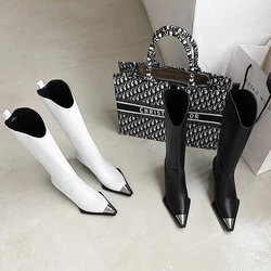 Knee-High Boots Women Autumn Winter Shoes Metal Decorative Pointed Toe Shoes Womens Boots High Heel Women Botas De Mujer