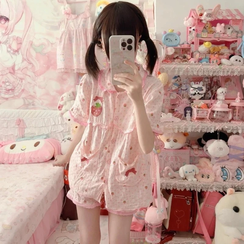 Japanese Kawaii Lolita Style Strawberry Embroidery Pajamas Set Ladies Short Sleeve Tops Shorts Sweet Summer Homewear Outfit