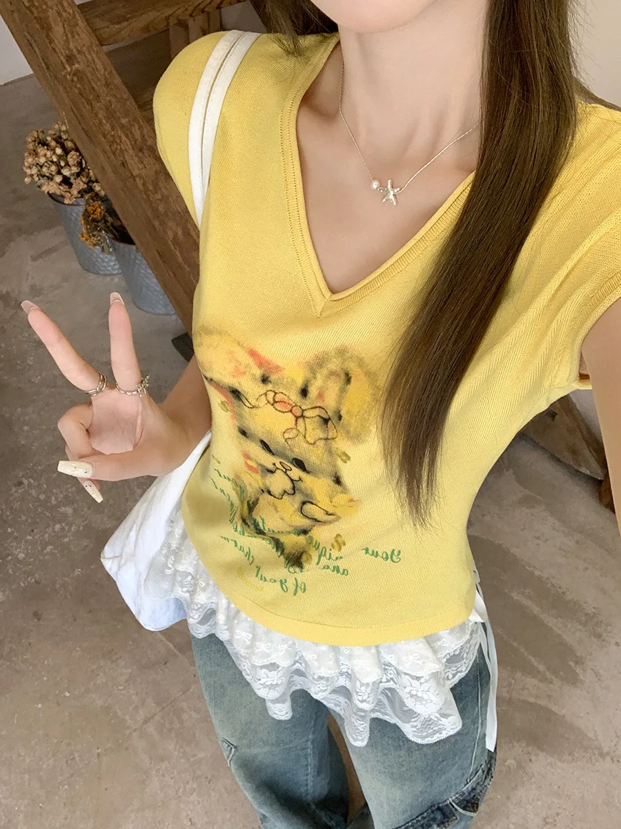 ลดอายุน่ารักกระต่ายพิมพ์Vคอสั้นเสื้อ \ \ \ \ \ \ \ \ \ \ \ \ \ \ \ \'sเสื้อยืด 2025 ใหม่Slimming Superสวยที่ไม่ซ้ํากันสไตล์Top