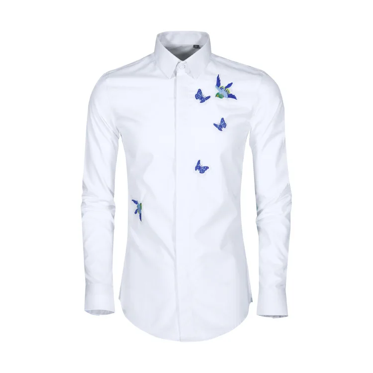 2024 New Blue Flower Stereoscopic Embroidery Slim Fit Non iron Cotton Men's Long sleeved Shirt