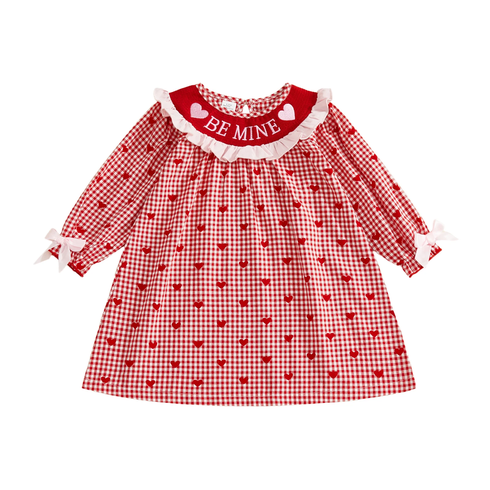 Kids Girls Valentines Day Dress Long Sleeve Crew Neck Heart Plaid Dress Fall A-line Dress