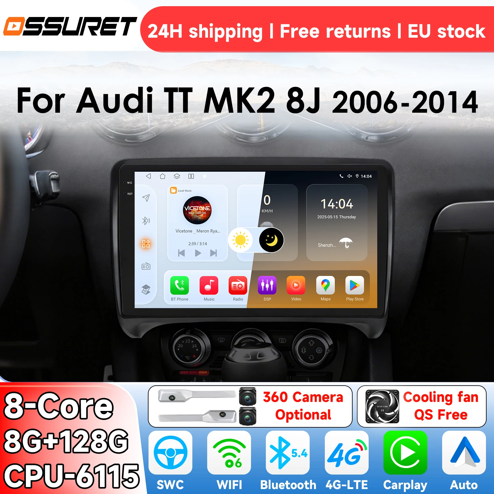 Autoradio Android 14 OSSURET pour Audi TT MK2 8J 2006-2014, système multimédia intelligent embarqué avec CarPlay, lecteur vidéo GPS, 4G, modèle 6115