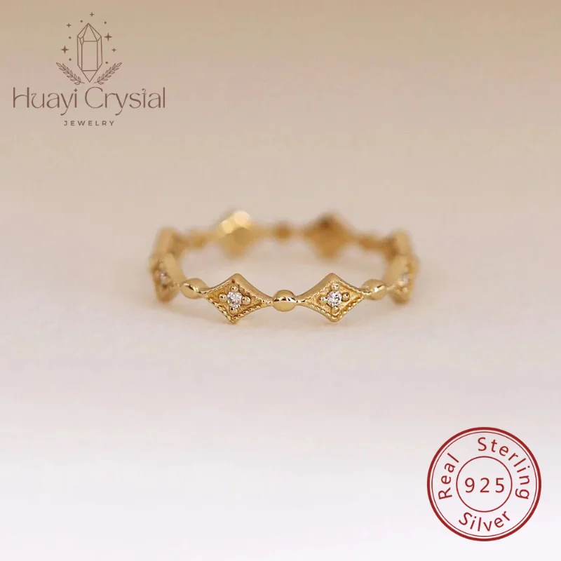 

S925 Sterling Silver Exquisite Rhombus Spacer Zircon Rose Wave Ring Women's Simple Ring Jewelry