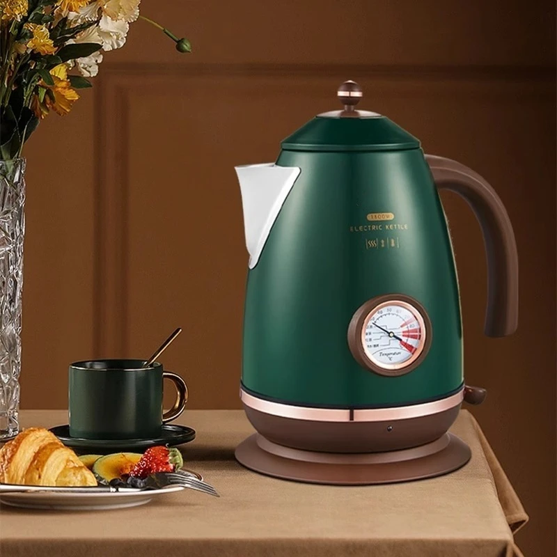 Electric Kettle European Vintage Green Display Temperature 304 Steel 1.7L