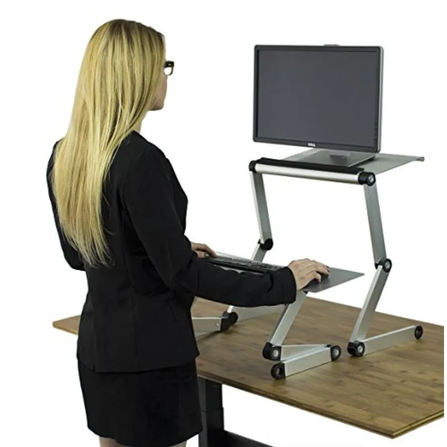 WorkEZ Adjustable Standing Desk Converter Sit to Stand Desk Riser for Laptop Monitor Adjustable Height Angle Negative Tilt Silv