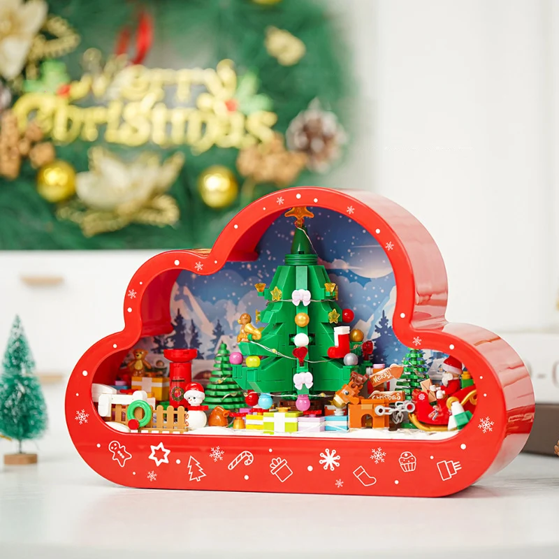 Creative Merry Christmas Tree Cloud Mirror Model Building Blocks Snowman Santa Claus With Lights Mini Bricks Toys Christmas Gift