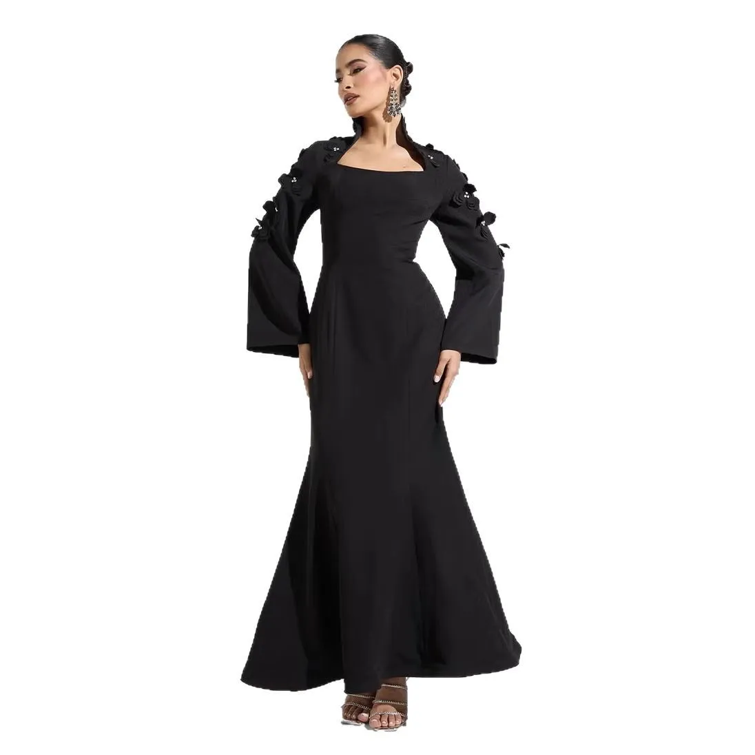 

2025 европейское и американское летнее новое элегантное платье трапециевидной формы, черное платье с жемчужными цветами