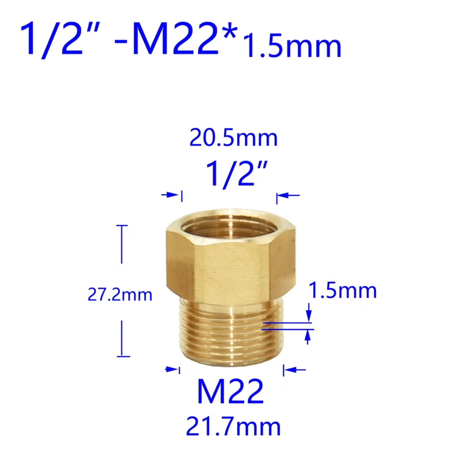 Brass Reducing Threaded Connector with 3/8 Inch and 1/2 Inch BSP Plus M14 M18 M22 Metric Threads for Water Systems | 1.5 mm Pitc