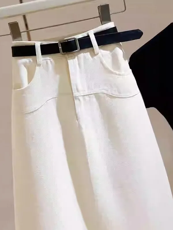 High Waist A-Line Midi Skirt Women's Denim Straight Cut Summer New Korean Loose Fit Open Split Half Body Skirts