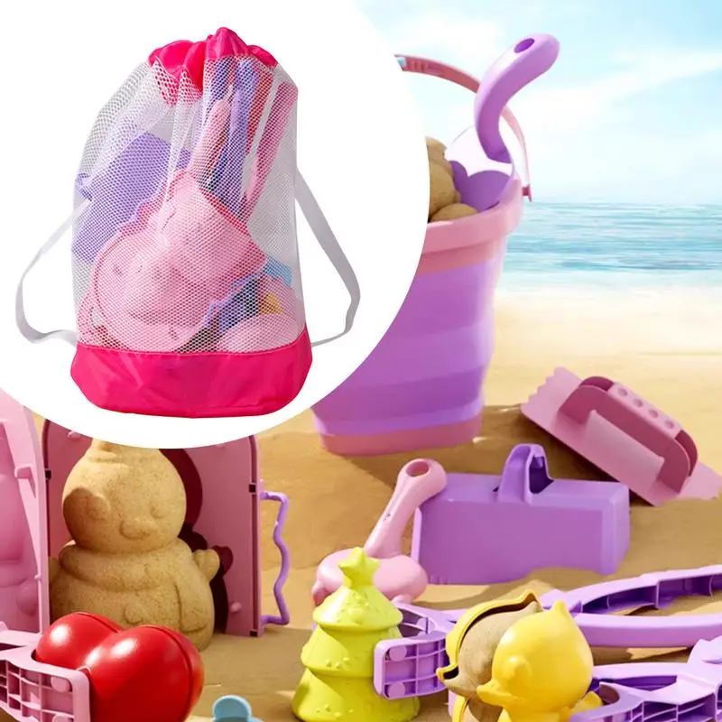 Jouets de sable de plage, château de sable, avec seau pliant et sac en maille comprenant des moules, râteau, pelle, jeu d'été pour garçons et filles