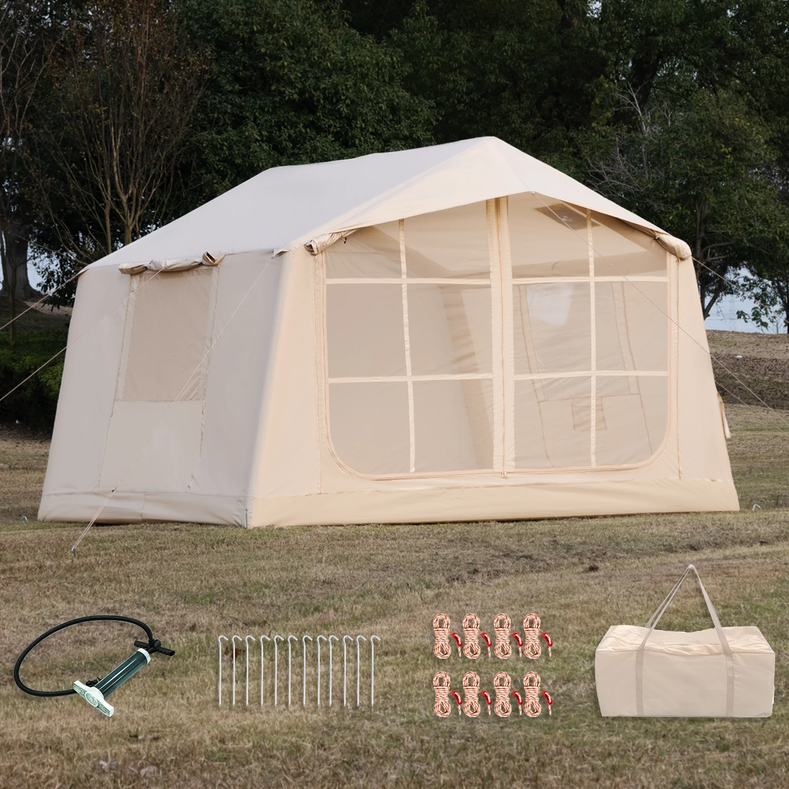 

vb-Hot Saling 7.8 SQM Outdoor Glamping Inflatable Air Tent Foldable Oxford or Canvas Waterproof Tent with Air Pumb for Family&