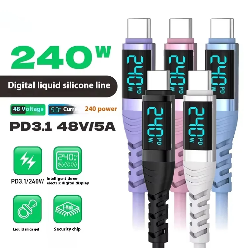 

240W Digital Display Silicone USB C to Type C Fast Charging Data Wire Cable For Iphone 15 16 17 Pro Max Samsung s24 s23 Xiaomi