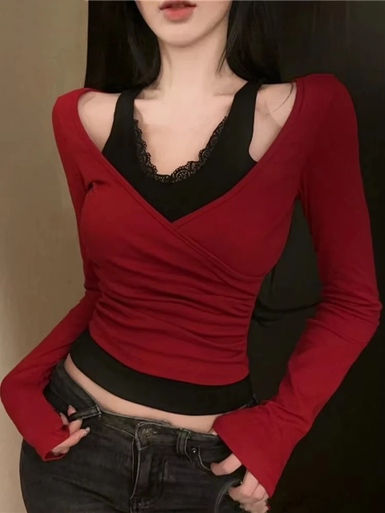 

Футболки из двух предметов Y2k, женская одежда, новинка 2025, модные кружевные лоскутные топы с длинными рукавами, модная сексуальная плиссированная облегающая футболка