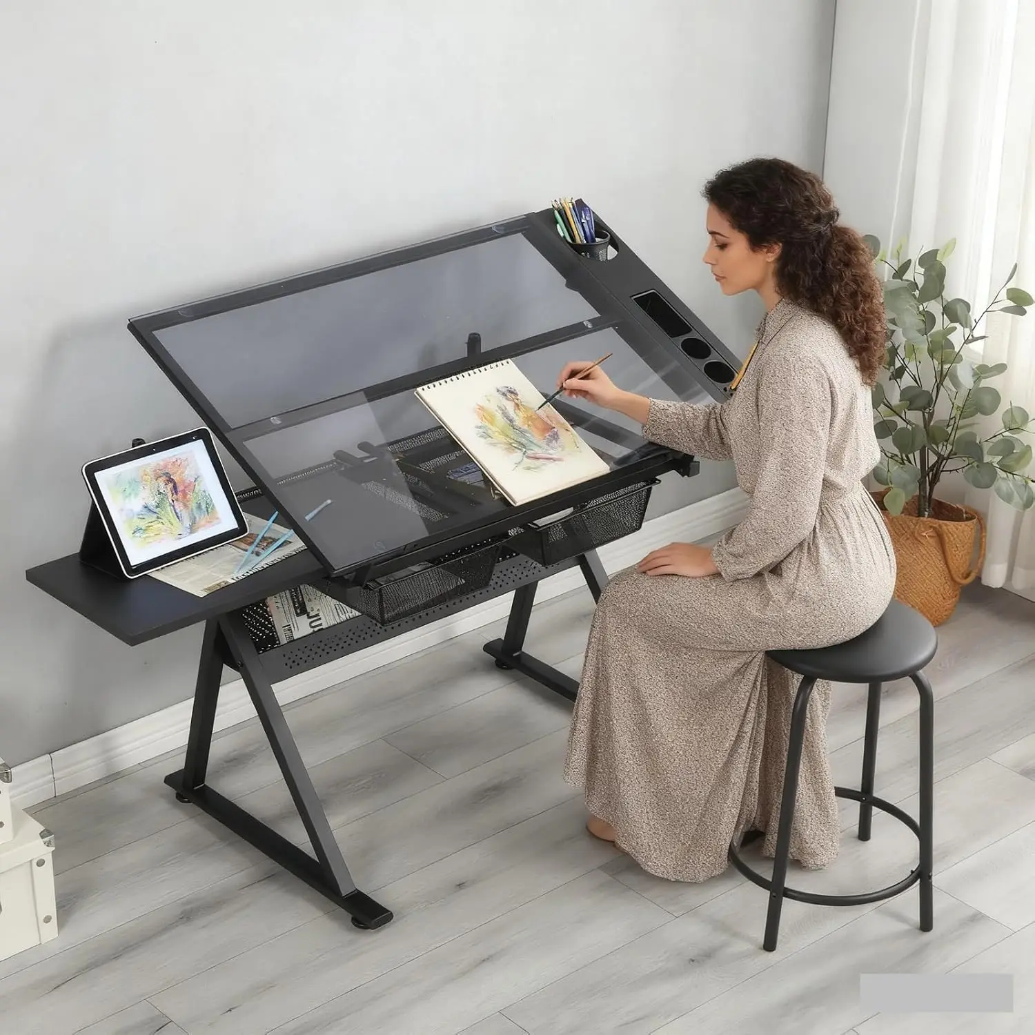 Drafting Table, Height Adjustable Art Tabe with Stool, Black