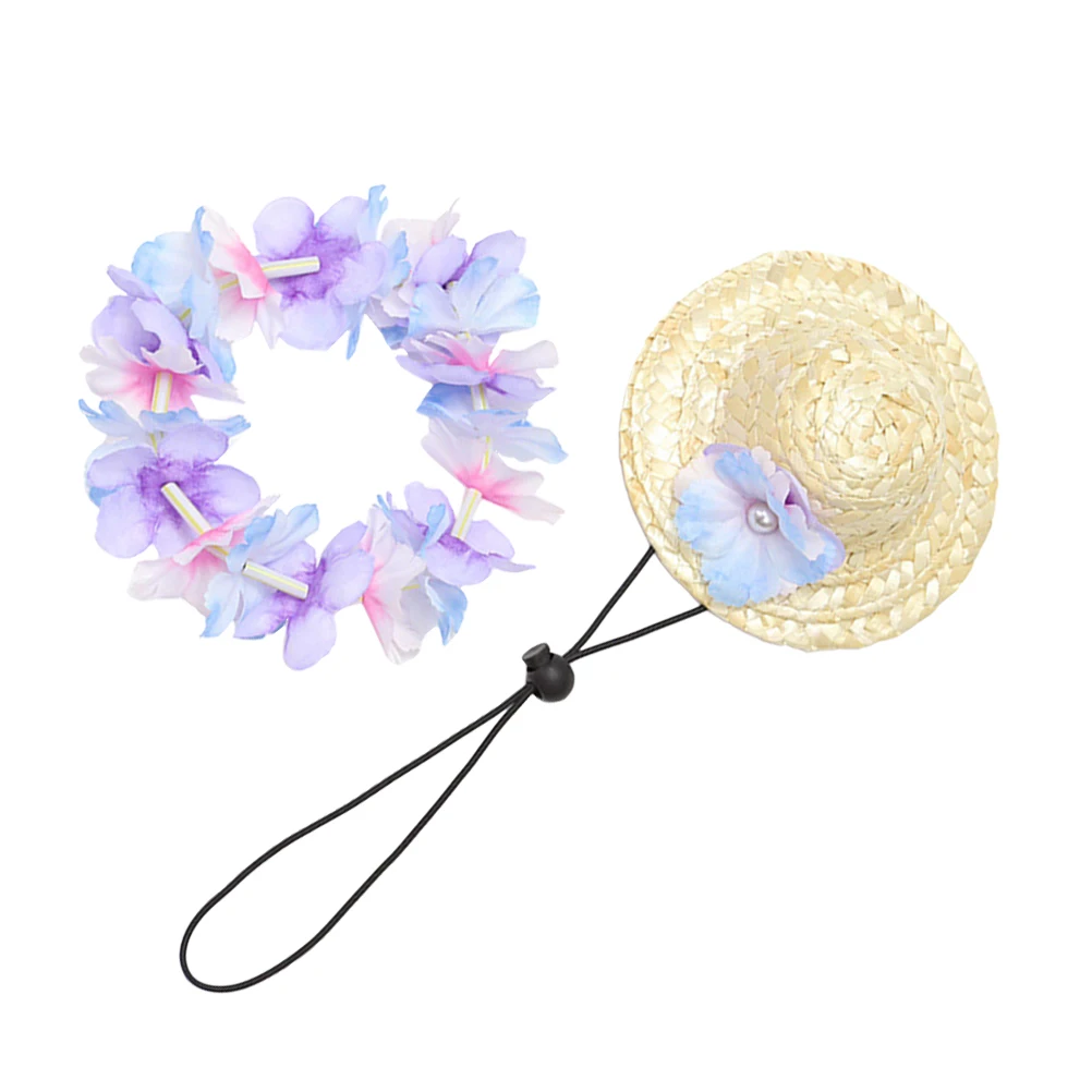 

2pcs Dog Accessories Straw Hat Wreath Sunglasses Summer Vacation Pet Costume Fashionable Design Protect From Sunlight Suitable
