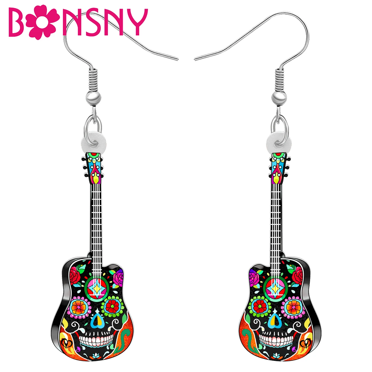 Bonsny Halloween Acrylic Skull Floral Guitar Earrings Dangle Drop Instruments Punk Jewelry Charms Gifts For Women Girls Teens