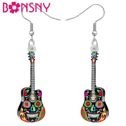 Bonsny-pendientes acrílicos para mujer, Niña y Adolescente, aretes de guitarra con calavera Floral, instrumentos colgantes, joyería Punk, regalos