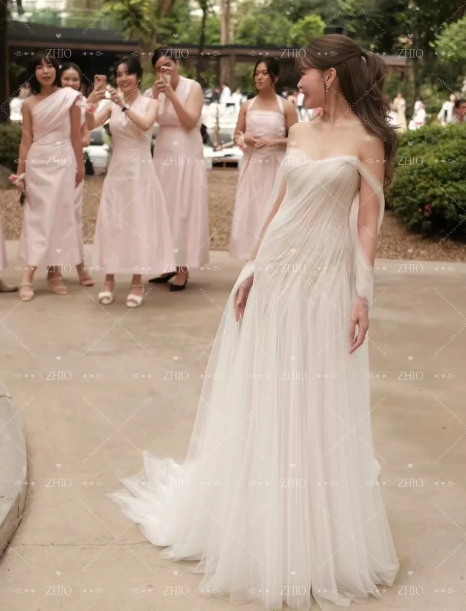 ZHIO الوهم تول فستان حفلات الزفاف قبالة الكتف مفتوحة الظهر سويب تراين فساتين السهرة كوريا فستان زفاف مخصص Malam dersress