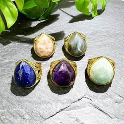 Natural Labradorite Amethyst Sunstone ring for women, Gold Plated Faceted Cut Teardrop Shape Crystal Ring For Gift