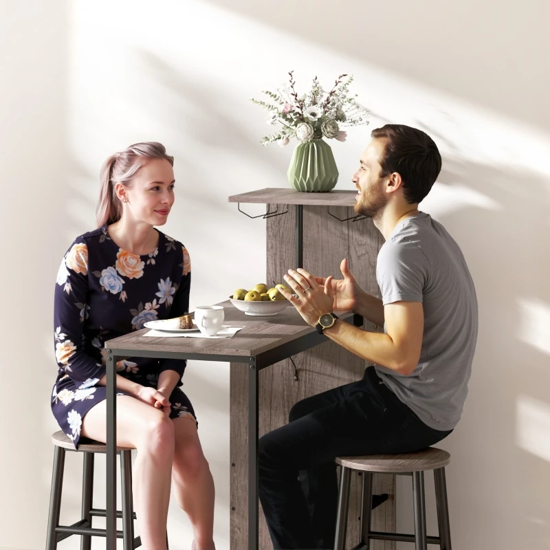 Ensemble de table de bar 3 pièces avec rangement, porte-vin, porte-verres et 2 tabourets avec repose-pieds, design peu encombrant pour les petits espaces, style industriel, gris