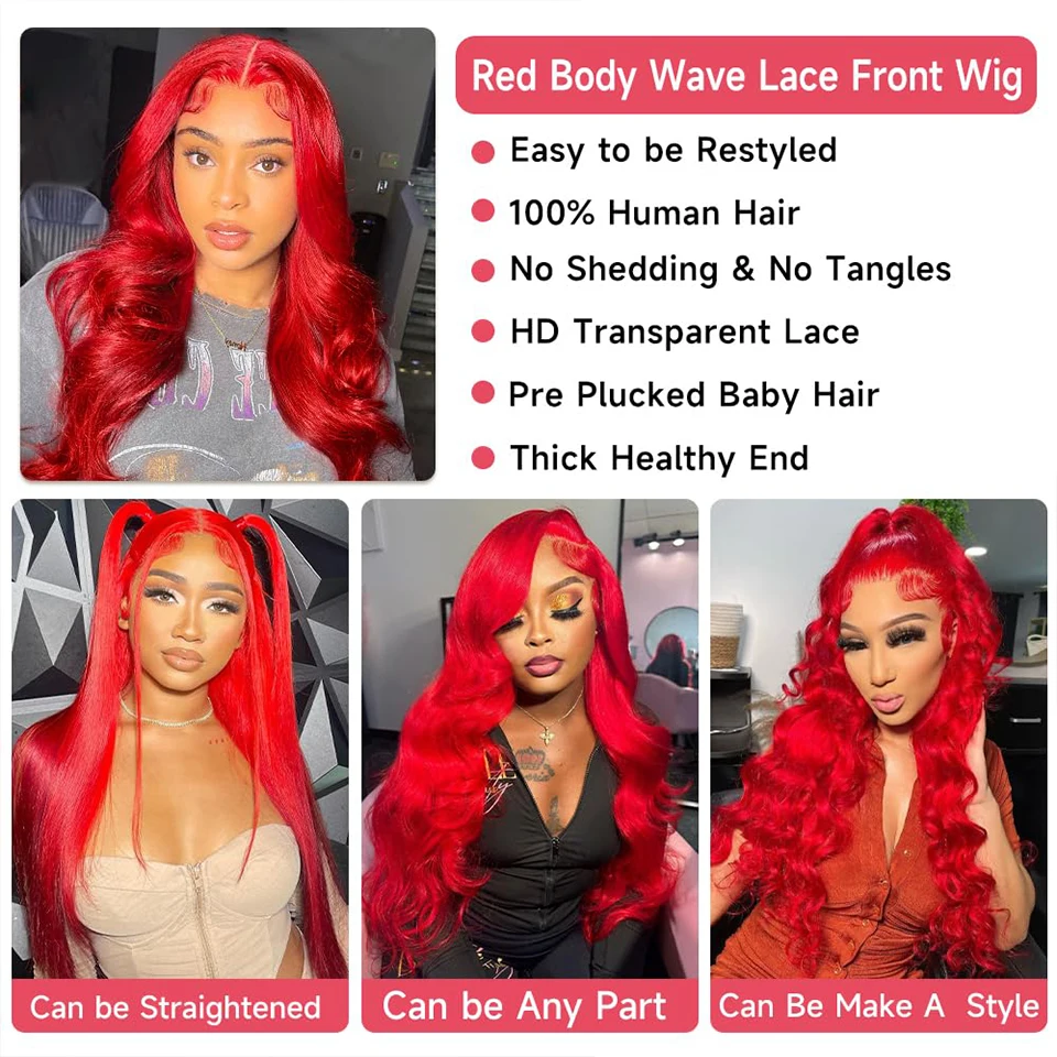 Onda do corpo Lace Front Wig, cabelo humano colorido, vermelho brilhante, 180% Densidade, 22 ", 13x4